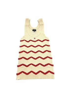 Chanel Tank Top CC Logo Zigzag Border Silk White